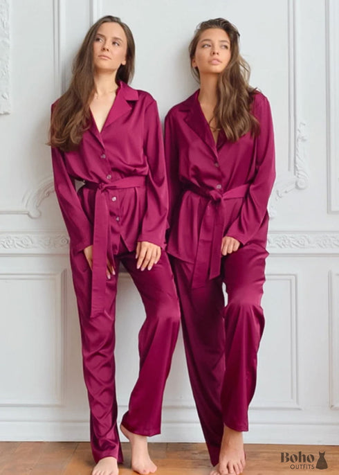 Pijama bohemio, conjunto de pijama de satén Francine en rojo
